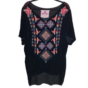 Johnny Was JWLA Velvet Floral Embroidered Short Sleeve Flowy Boho Blouse Top 2X